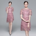 Women's Elegant Floral Mesh Patchwork Dress With Beaded Peter Pan Collar Puff Sleeve Tiered Cake Midi Dress Sweet Fairy Party Clothing