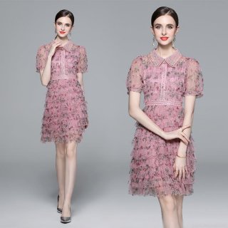 Women's Elegant Floral Mesh Patchwork Dress With Beaded Peter Pan Collar Puff Sleeve Tiered Cake Midi Dress Sweet Fairy Party Clothing