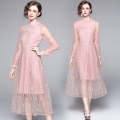 Women Elegant Pink Lace Embroidery Midi Dress Retro Standing Collar Modified Cheongsam Style Long Sleeve Mesh Patchwork Slim Fit Party Wedding Dresses