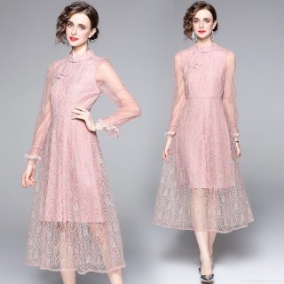 Women Elegant Pink Lace Embroidery Midi Dress Retro Standing Collar Modified Cheongsam Style Long Sleeve Mesh Patchwork Slim Fit Party Wedding Dresses