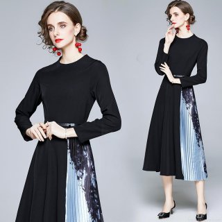 Women Long Sleeve Midi Dress Pleated Patchwork Print Elegant Round Neck Slim Fit Included Belt Polyester Autumn Fashion Black Blue Ladies Commuter Dress