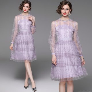 Women Elegant Purple Lace Mesh Embroidered Dress Long Sleeve Pearl Round Neck Layered Cake Midi Dress For Wedding Party Date Fashion Casual Clothing