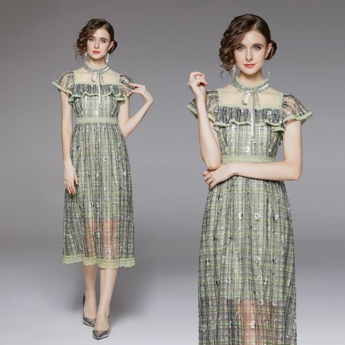 Women Elegant Dark Green Plaid Midi Dress Made Of Mesh And Lace With Silver Floral Embroidery Stand Collar Ruffle Short Sleeve French Retro High Waist Zipper Slim A-Line Summer Dress