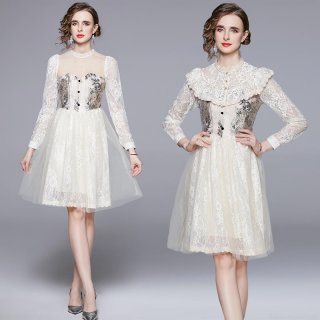 French Retro Palace Style Lace Midi Dress Elegant Mesh Floral Embroidery Long Sleeve Ruffle Collar Slim Fit Princess Party Dresses For Women Evening Wedding Birthday Graduation Outfit