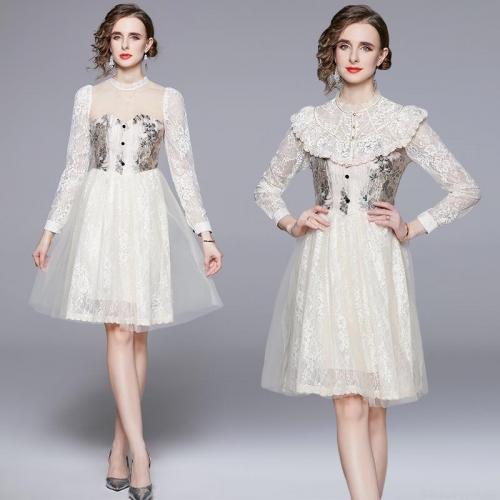 French Retro Palace Style Lace Midi Dress Elegant Mesh Floral Embroidery Long Sleeve Ruffle Collar Slim Fit Princess Party Dresses For Women Evening Wedding Birthday Graduation Outfit