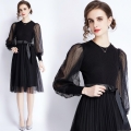 Elegant Black Knit Midi Dress With Polka Dot Sheer Mesh Lantern Sleeves Pleated Patchwork A-Line Dress With Bow Belt For Women Fall Commuting Fashion