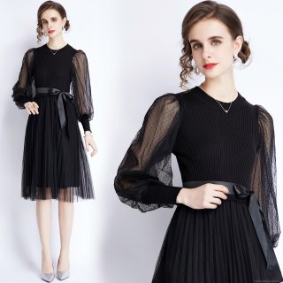 Elegant Black Knit Midi Dress With Polka Dot Sheer Mesh Lantern Sleeves Pleated Patchwork A-Line Dress With Bow Belt For Women Fall Commuting Fashion