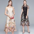 Elegant Floral Embroidered Mesh Midi Dress Women High Waist Short Sleeve Party Dress Luxury Heavy Embroidery Apricot Evening Dress