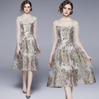 French Vintage Embroidered Jacquard Midi Dress with Lace Mesh Long Sleeve Elegant A-Line Party Dress Women Champagne Gold Wedding Guest Banquet Gown