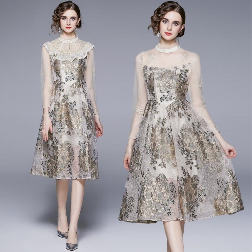 French Vintage Embroidered Jacquard Midi Dress with Lace Mesh Long Sleeve Elegant A-Line Party Dress Women Champagne Gold Wedding Guest Banquet Gown