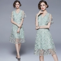 Women's Elegant Mint Green Lace Embroidery Midi Dress V-Neck Ruffle Sleeve High Waist A-Line Mesh Party Evening Cocktail Dress