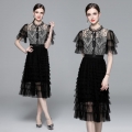 Elegant Black Lace Mesh Patchwork Layered Cake Dress Women Sexy Stand Collar Slim High Waist Short Sleeve Midi Party Evening Dress