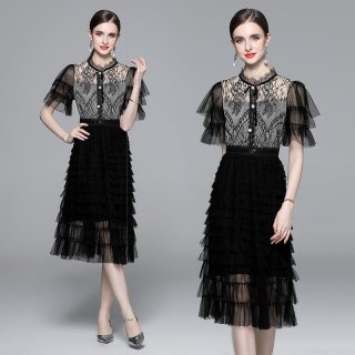 Elegant Black Lace Mesh Patchwork Layered Cake Dress Women Sexy Stand Collar Slim High Waist Short Sleeve Midi Party Evening Dress