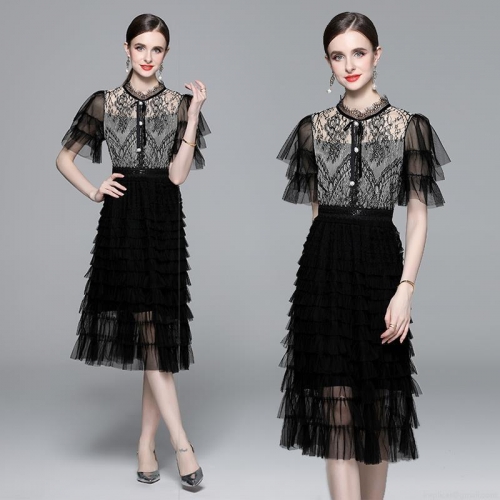 Elegant Black Lace Mesh Patchwork Layered Cake Dress Women Sexy Stand Collar Slim High Waist Short Sleeve Midi Party Evening Dress