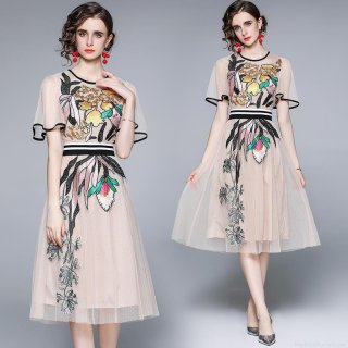 Women French Floral Embroidery Mesh Dress Elegant Short Bell Sleeve High Waist A-Line Midi Dress Contrast Stripe Belt Cotton Blend Lining Party Dress