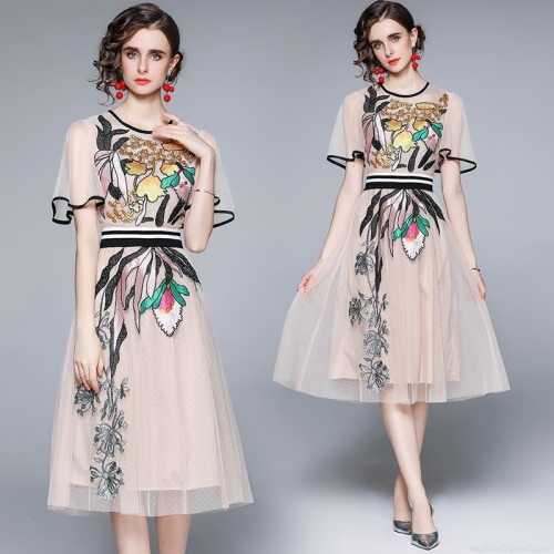 Women French Floral Embroidery Mesh Dress Elegant Short Bell Sleeve High Waist A-Line Midi Dress Contrast Stripe Belt Cotton Blend Lining Party Dress