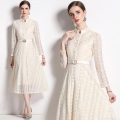 Elegant Lace Embroidered Midi Dress Stand Collar Long Sleeve Floral Hollow Out Dress With B Buckle Belt For Women Wedding Party Evening Fashion Dress