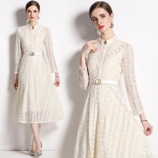 Elegant Lace Embroidered Midi Dress Stand Collar Long Sleeve Floral Hollow Out Dress With B Buckle Belt For Women Wedding Party Evening Fashion Dress