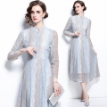 Elegant Lace Embroidery Midi Dress Women Light Blue Splicing Stand Collar Long Sleeve A-Line Party Dress Vintage Floral Hollow Out Dress