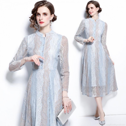 Elegant Lace Embroidery Midi Dress Women Light Blue Splicing Stand Collar Long Sleeve A-Line Party Dress Vintage Floral Hollow Out Dress