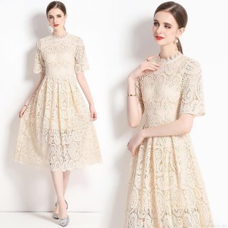 Women's Elegant Hollow Out Lace Midi Dress Short Sleeve Stand Collar Embroidered A-Line Swing Party Dress Apricot Beige Vintage Commute Lady Summer Gown
