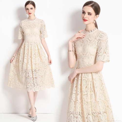 Women's Elegant Hollow Out Lace Midi Dress Short Sleeve Stand Collar Embroidered A-Line Swing Party Dress Apricot Beige Vintage Commute Lady Summer Gown