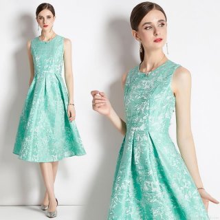 Women's Mint Green Jacquard Sleeveless A-Line Midi Dress Elegant Slim Fit Floral Pattern Summer Tank Dress For Party Banquet Wedding Guest Ladies Fashion