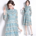 Women's Elegant Light Blue Lace Embroidered Midi Dress Stand Collar Long Sleeve Hollow Out A-Line Party Dress Vintage Crochet Floral Mesh Dress For Ladies