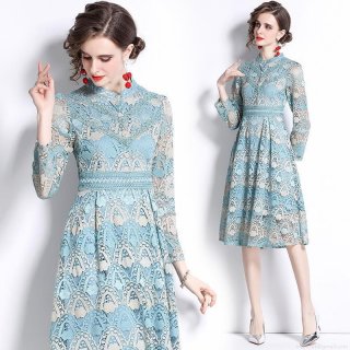 Women's Elegant Light Blue Lace Embroidered Midi Dress Stand Collar Long Sleeve Hollow Out A-Line Party Dress Vintage Crochet Floral Mesh Dress For Ladies