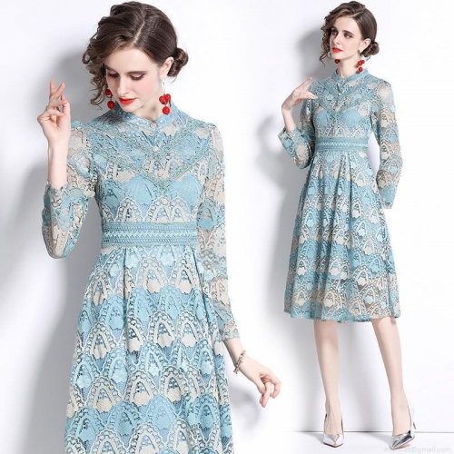 Women's Elegant Light Blue Lace Embroidered Midi Dress Stand Collar Long Sleeve Hollow Out A-Line Party Dress Vintage Crochet Floral Mesh Dress For Ladies