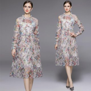 Women's Elegant Floral Print Mesh Chiffon Long Sleeve Midi Dress High Waist Tiered Ruffle Cake Dress For Party Evening Clubwear Ladies Fashion Outfit