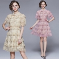 Women Elegant Lace Patchwork Tiered Cake Midi Dress Short Sleeve Peter Pan Collar Pearl Beading Embroidery Party Wedding Event Retro Hepburn Style Dresses