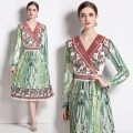 Women's Elegant Paisley Print Pleated Midi Dress Long Sleeve V Neck Slim Fit Polyester Bohemian Casual Party Evening Dress For Women Ladies