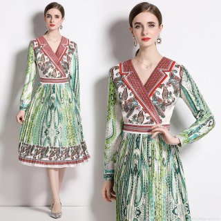 Women's Elegant Paisley Print Pleated Midi Dress Long Sleeve V Neck Slim Fit Polyester Bohemian Casual Party Evening Dress For Women Ladies