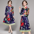 Women's Elegant Floral Print Long Sleeve Midi Dress Satin Texture Waist Slimming Shirt Collar A-Line Retro Purple Flower Party Gown