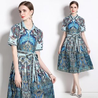 Women's Elegant Peacock Print Midi Dress Short Sleeve A-Line Shirt Dress With Belt And Bow Tie For Office Party Summer Vintage Palace Style Clothing