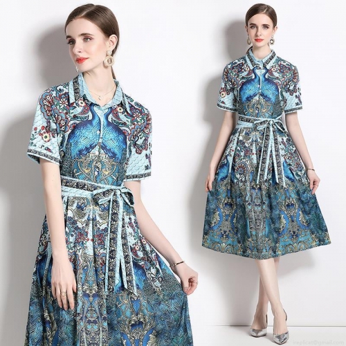 Women's Elegant Peacock Print Midi Dress Short Sleeve A-Line Shirt Dress With Belt And Bow Tie For Office Party Summer Vintage Palace Style Clothing