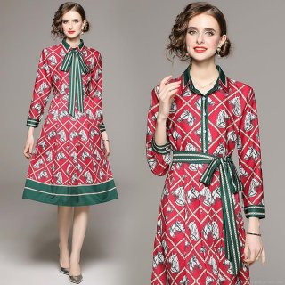 Women's Elegant Midi Dress Long Sleeve Shirt Collar Retro Horse Head Print Satin Like Polyester Belted A-Line Dress For Office Party Red Green Contrast
