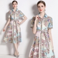 Women's Baroque Floral Print Midi Dress Retro French Short Sleeve Polo Collar A-Line Shirt Dress With Belt Elegant Commuter Polyester Blend Party Summer Wear