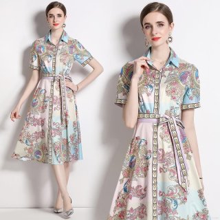Women's Baroque Floral Print Midi Dress Retro French Short Sleeve Polo Collar A-Line Shirt Dress With Belt Elegant Commuter Polyester Blend Party Summer Wear