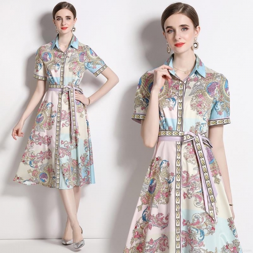 Women's Baroque Floral Print Midi Dress Retro French Short Sleeve Polo Collar A-Line Shirt Dress With Belt Elegant Commuter Polyester Blend Party Summer Wear