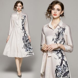 Women Elegant Champagne Satin MIDI Shirt Dress With Belt Floral Bird Print Long Sleeve A-Line Single-Breasted Dress For Commuting Party Lady