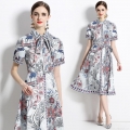 Women's Elegant Floral Printed Midi Dress With Belt Short Sleeve V-Neck Vintage A-Line Summer Dress For Office Party Lady