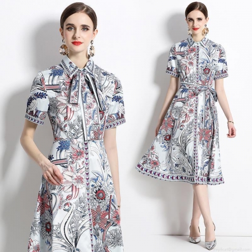 Women's Elegant Floral Printed Midi Dress With Belt Short Sleeve V-Neck Vintage A-Line Summer Dress For Office Party Lady