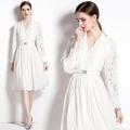 Women's Elegant White Midi Dress Hollow Out Embroidery Long Sleeve Button Up Shirt Dress With Heart Buckle Belt For Party Wedding Guest Ladies