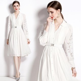 Women's Elegant White Midi Dress Hollow Out Embroidery Long Sleeve Button Up Shirt Dress With Heart Buckle Belt For Party Wedding Guest Ladies