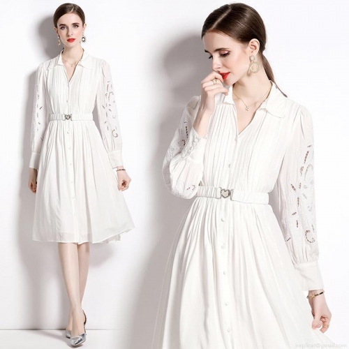 Women's Elegant White Midi Dress Hollow Out Embroidery Long Sleeve Button Up Shirt Dress With Heart Buckle Belt For Party Wedding Guest Ladies