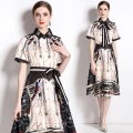 Women's Elegant Retro Horse Chain Print Midi Dress Short Sleeve Polo Collar With Bow Tie Belt Slim Fit A-Line Office Party Dress For Ladies