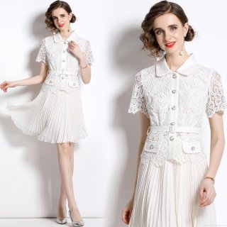 Women White Lace Pleated Midi Dress Short Sleeve Peter Pan Collar High Waist With Belt Elegant French Style Hollow Out Summer Fashion Commuter Party