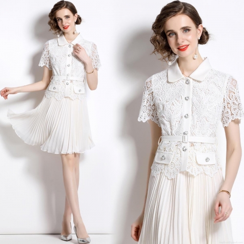 Women White Lace Pleated Midi Dress Short Sleeve Peter Pan Collar High Waist With Belt Elegant French Style Hollow Out Summer Fashion Commuter Party